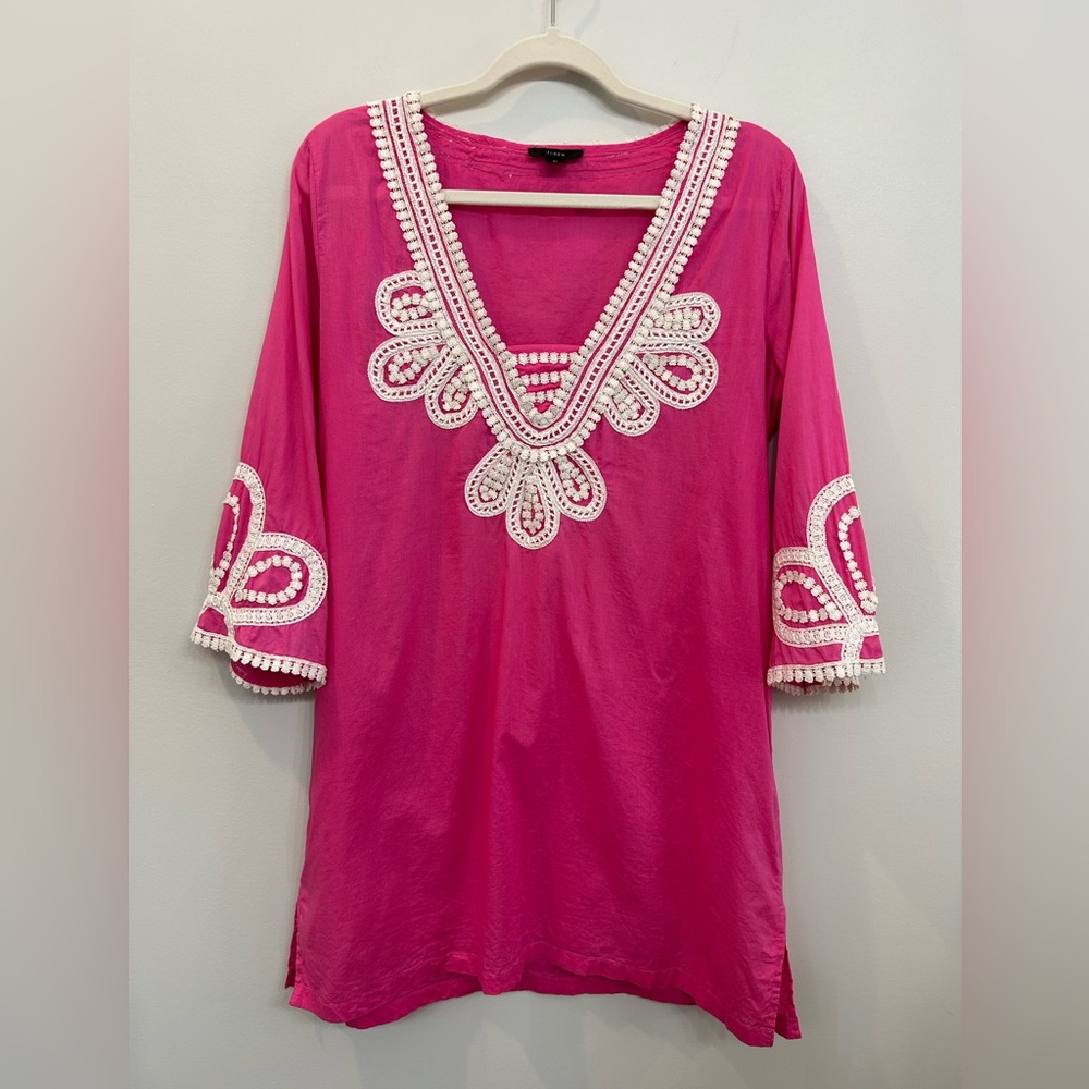 J. Crew Pink Cover Up Corded Trim Short Tunic Cotton Quarter Sleeves Siz…